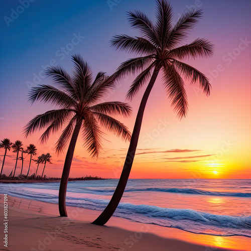 Long sandy beach of a tropical island and sunset, Generative AI. © svdolgov