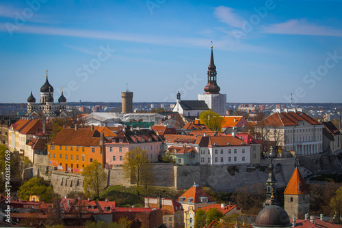 View of the old town, Toompea hill with fortress wall, tower and Russian Orthodox Alexander Nevsky Cathedral, view from the tower of St. Olaf church, Tallinn, Estonia 