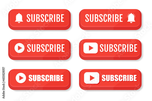 Subscribe, bell button and hand cursor. Red button subscribe to channel, blog. Social media background. Marketing. Vector illustration on a white background.