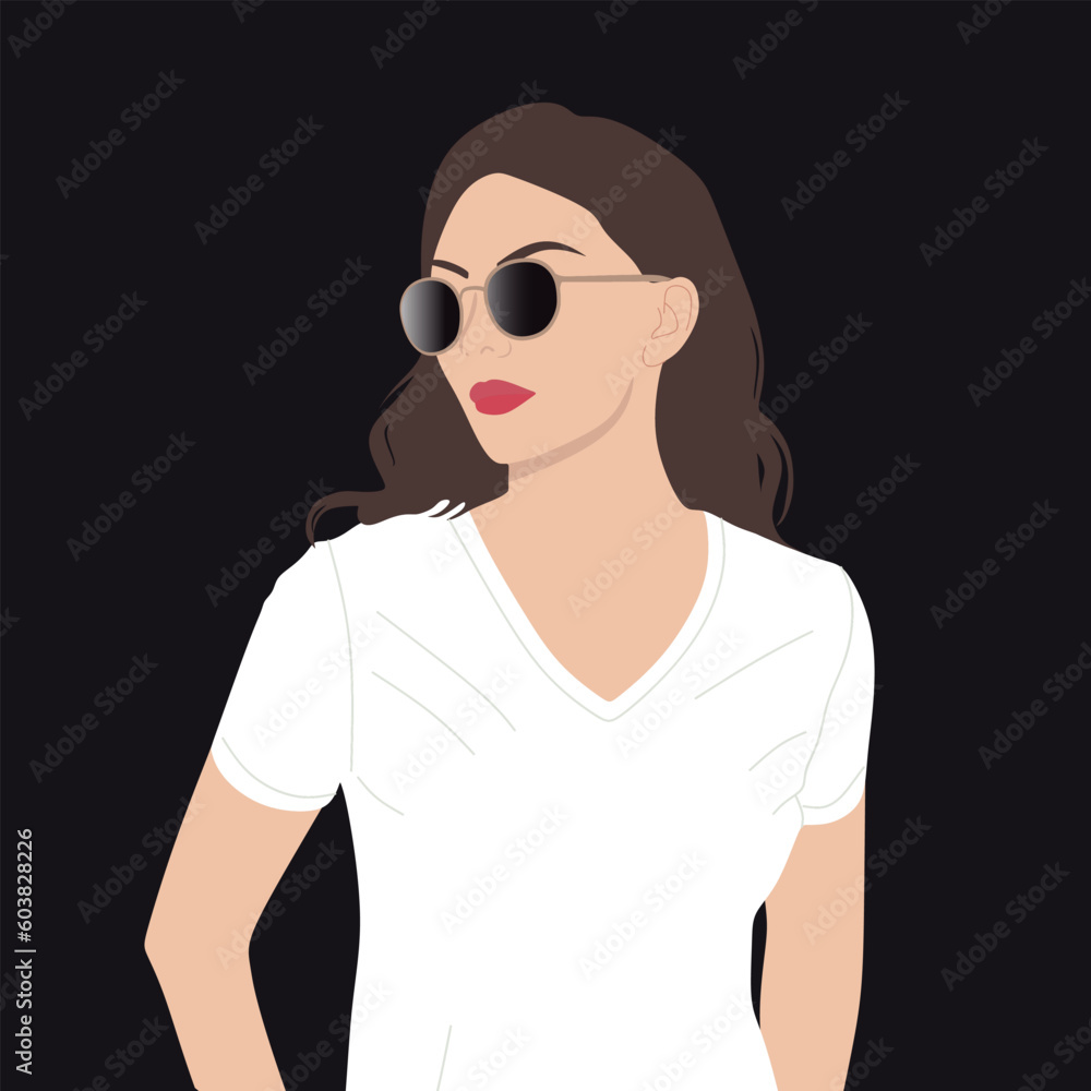 Beautiful woman in white t-shirt and sunglasses. beauty and fashion concept. Young woman portrait isolated. fashion model, flat vector illustration. Beautiful woman in white t-shirt and sunglasses. beauty and fashion concept. Young woman portrait isolated. fashion model, flat vector illustration.
