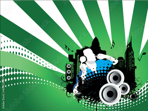 Grunge vector illustration of disc jockey on city background in green