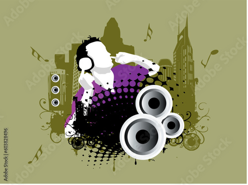 Grunge vector illustration of disc jockey on city background in grey