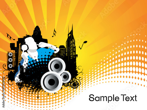 Grunge vector illustration of disc jockey on city background in orange