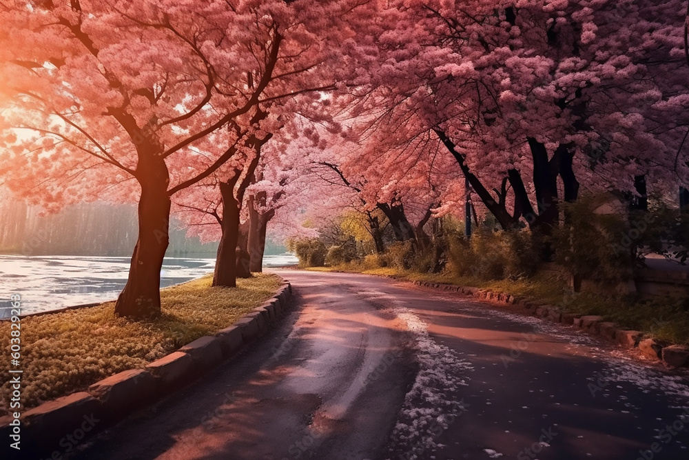 Beautiful landscape of a sakura alley in the park. Generative AI Beautiful landscape of a sakura alley in the park. Generative AI