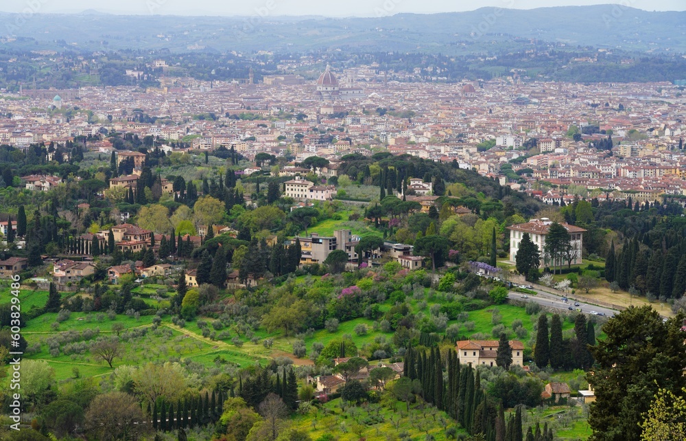 View of the city of Florence, Italy, seen from the hills in Fiesole in the spring