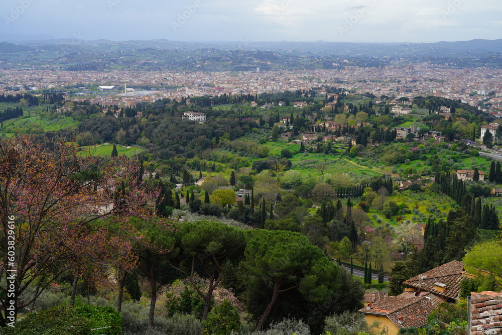 View of the city of Florence, Italy, seen from the hills in Fiesole in the spring View of the city of Florence, Italy, seen from the hills in Fiesole in the spring