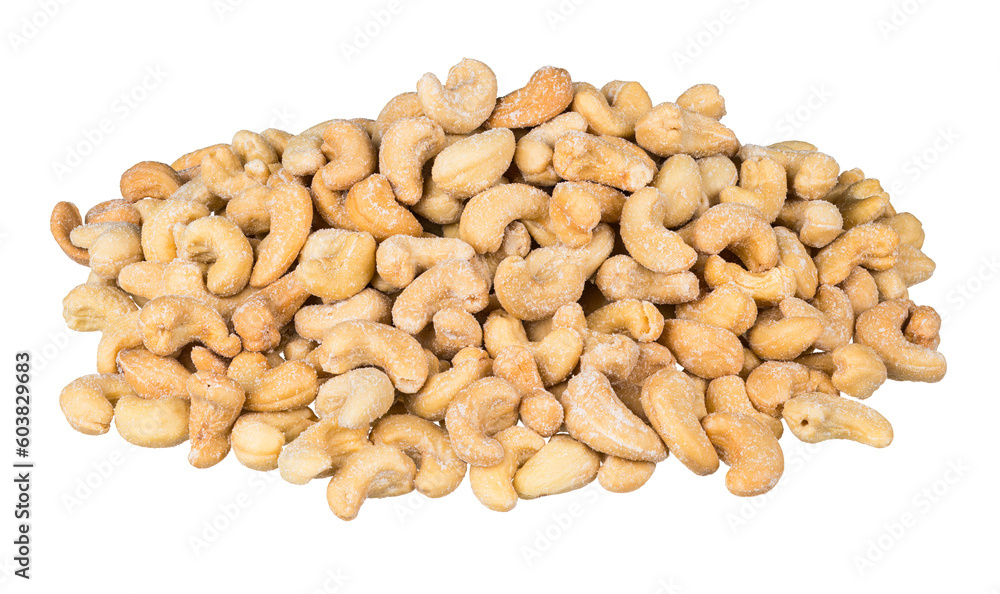 Pile of salted roasted cashew nuts isolated on a white background. Anacardium occidentale. Closeup of yummy salty cashews. Edible seeds of kidney shape content many minerals, vitamins and healthy fat. Pile of salted roasted cashew nuts isolated on a white background. Anacardium occidentale. Closeup of yummy salty cashews. Edible seeds of kidney shape content many minerals, vitamins and healthy fat.