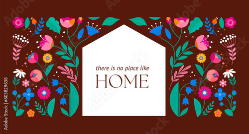 Home illustration with flowers pattern. Home sweet home, family sign, wall print or card