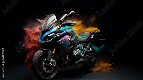 illustration, motorbike with splashes of vibrant colors, ai generative