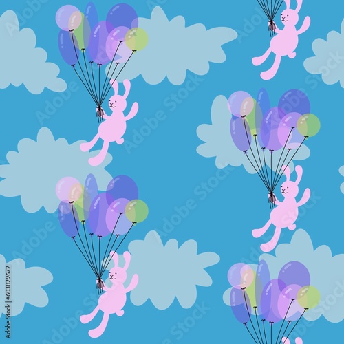 Birthday seamless rabbit with balloons pattern for wrapping paper and fabrics and linens and kids clothes print