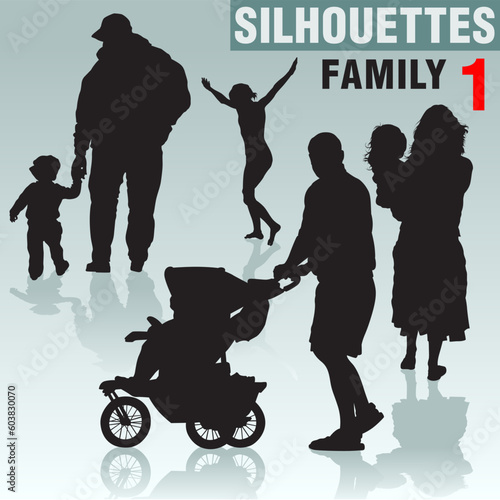 Silhouettes - Family 1 - High detailed black and white illustrations.