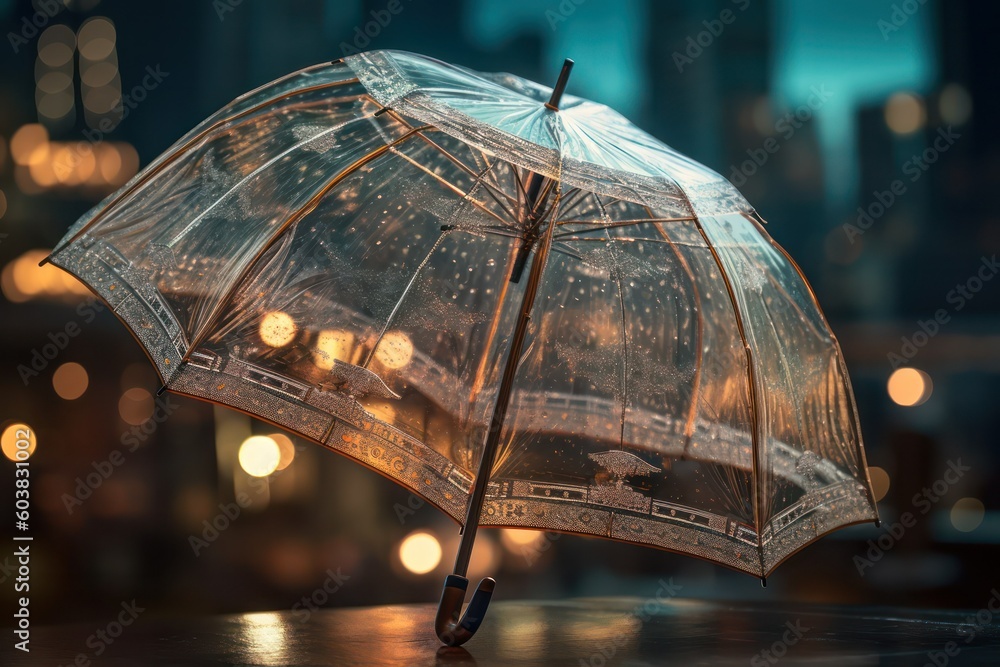 transparent umbrella with water drops on the background of city lights.wallpaper and background. Generative AI