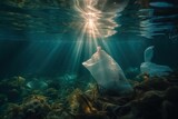 Toxic plastic waste floating underwater in the ocean. Generative AI
