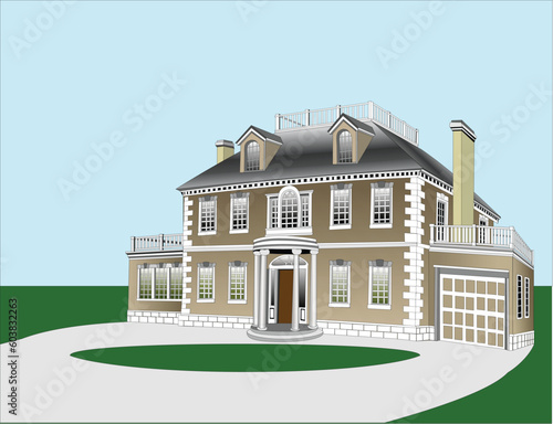 Large Georgian Style home took much of the style of a Greek Revival with graceful columns and portico