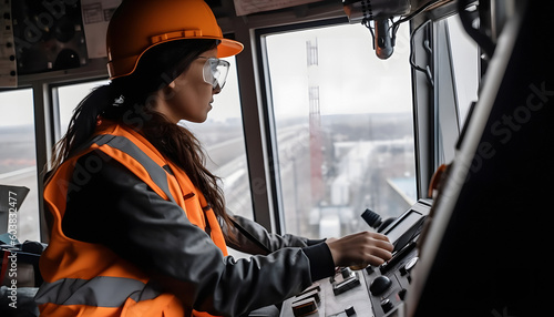 View from the cab of a construction tower crane, a female crane operator at a construction site, AI generated Generative AI photo
