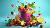 smoothie with berries splashing out on blue background