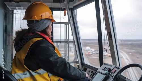 Woman tower crane operator in the cabin at the construction site, generated AI Generative AI photo
