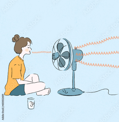 The girl is sitting in front of the electric fan and cooling the heat.  Young woman cartoon character. Hot summer day. Cool wind. Air conditioner. Hand drawn style vector design line illustration.