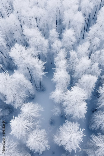 An aerial shot of many trees covered in snow. AI generative