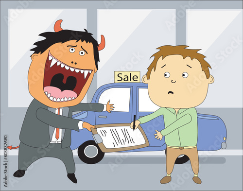 Vector illustration of devil salesman - useable in many situations as background is on a separate layer and easily removeable