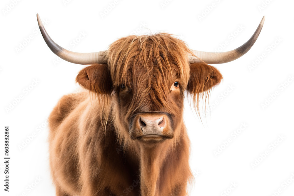 A close up of a cow with long horns isolated on white background. Generative AI.