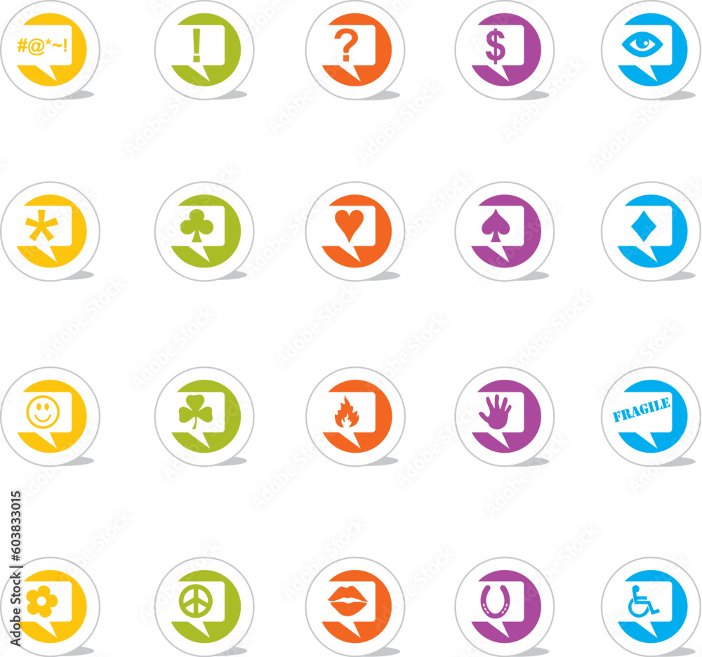 SimpleCons Icon Series Thought Bubble Set: Simple, colorful round icons with cast shadow. 20 useful icons with thought bubbles. SimpleCons Icon Series Thought Bubble Set: Simple, colorful round icons with cast shadow. 20 useful icons with thought bubbles.
