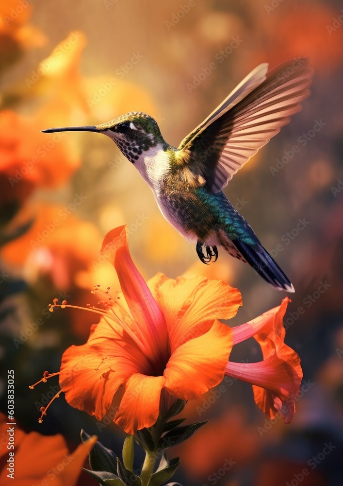 Fototapeta premium A hummingbird hovering near a vibrant flower bright