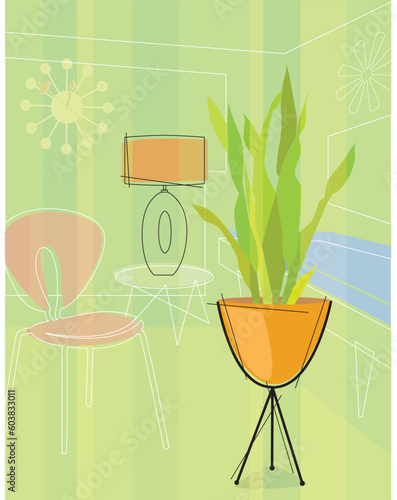 Modern, colorful stylized motif of chair, vase and table. Each item is grouped so you can use them independently from the background.