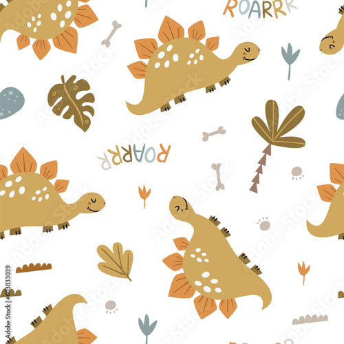 Seamless pattern with cute dinosaurs.