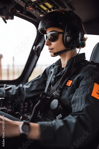 Woman pilot in the cockpit of a helicopter, Unusual profession, generated AI Generative AI