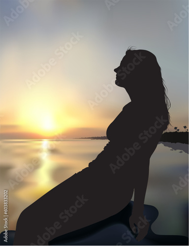 Coast sunset - Highly detailed and coloured illustration. Coast and girl silhouette.