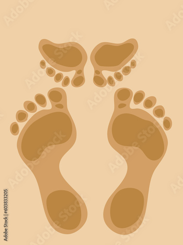 Footprints of kissing couple on beach sand, woman standing on tiptoe. Vector illustration