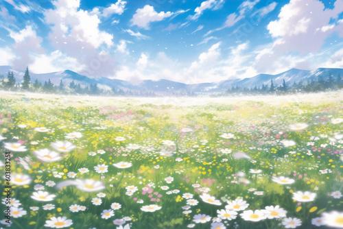 Natural colorful panoramic landscape with many wild flowers of daisies against blue sky with clouds. AI generative