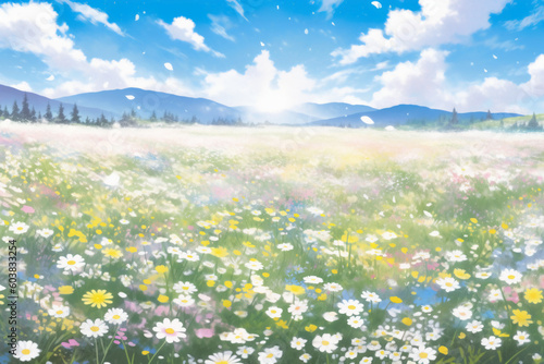 Natural colorful panoramic landscape with many wild flowers of daisies against blue sky with clouds. AI generative