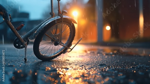 Close-up of a bicycle accident on the city street.broken bike on the roadway.bicycle wheel after an accident on the road. life insurance and protection concept.Generative AI