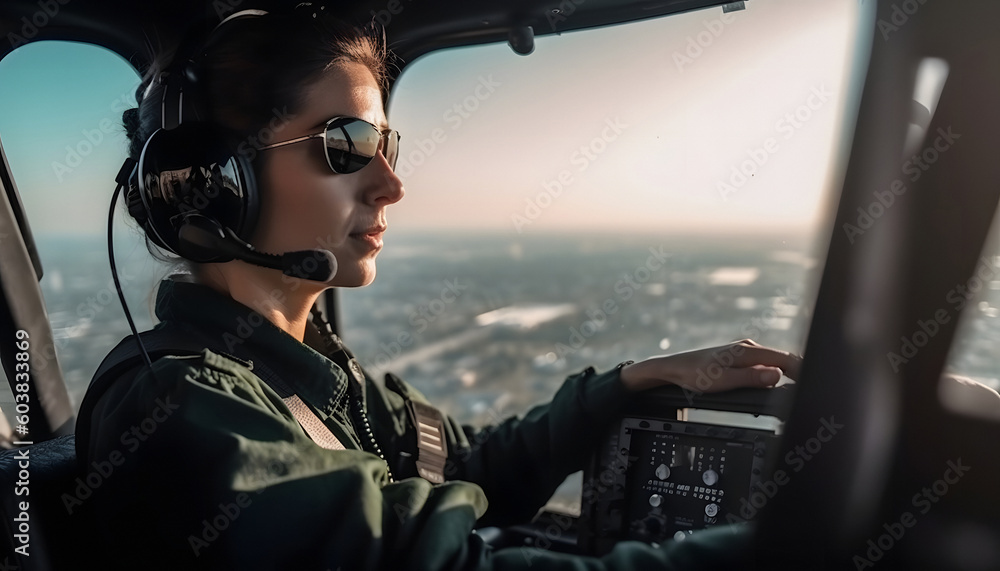 Woman pilot in the cockpit of a helicopter in flight with a view of the city from above, AI generated Generative AI - obrazy, fototapety, plakaty 