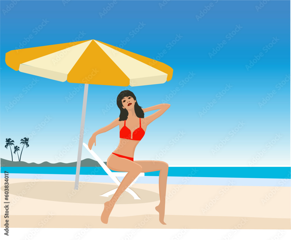 attractive girl on exotic beach - vector illustration