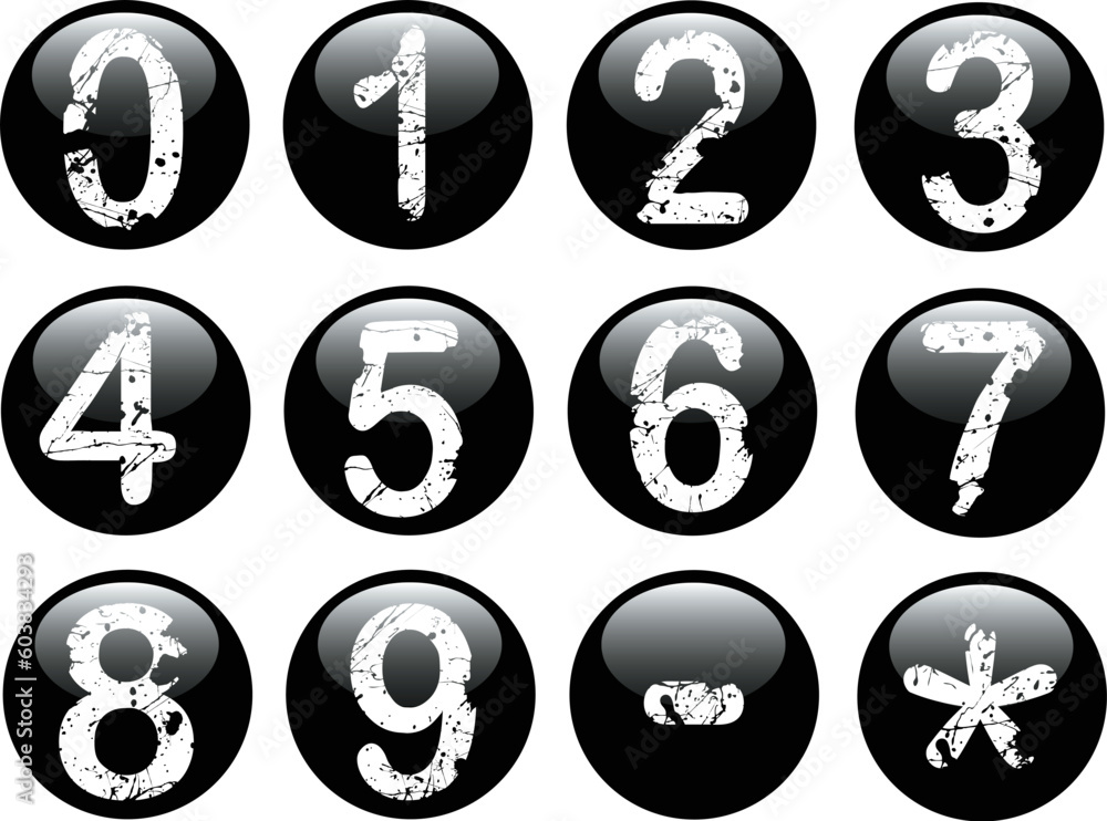 Black Web Buttons with Acid Etched White numbers on them from 0-9