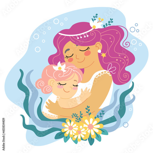 Cartoon mama hugs her daughter vector illustration