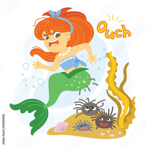 Cute cartoon mermaid sat on a sea urchins vector illustration