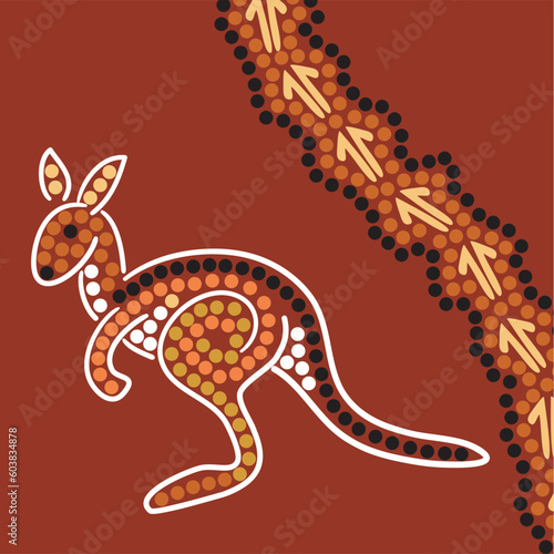 Hand drawn Aboriginal abstract depicting a kangaroo and kangaroo tracks
