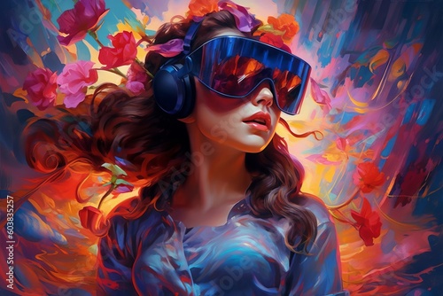 Girl in VR Glasses colorful Painting Abstract, Psychedelic Artwork, Generative AI