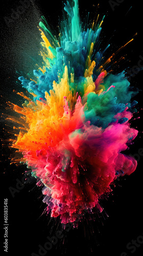 Dynamic multicolored explosions of colors on an isolated black background. Colored abstract background. Generative AI