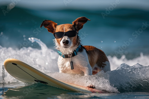 Jack russell dog with sunglasses  surfing in waves on ocean beach on summer vacation holidays, created with Generative AI. © sommersby