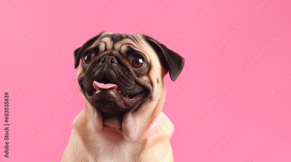 A closeup of a pug with a pink background.