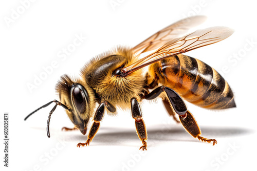 A close up of a bee on a white surface. Generative AI.