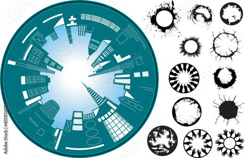 Abstract vector illustration of a fish-eye lens city skyline with other circular design elements