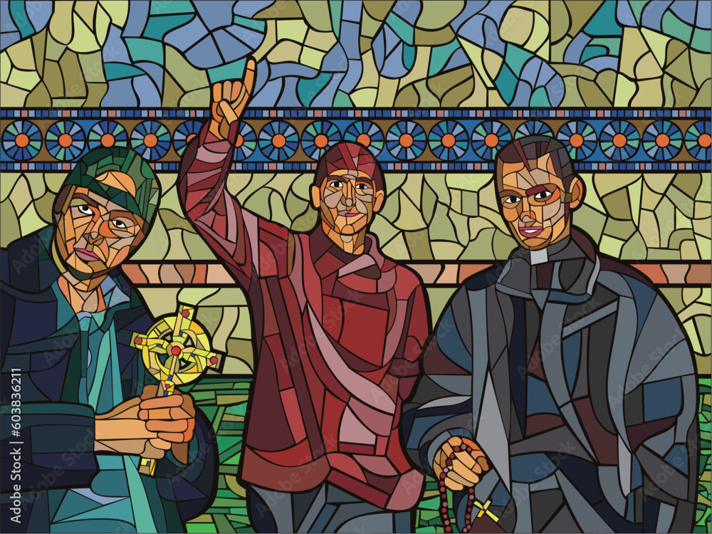 three young priests; one priest is holding a decorated cross, another is holding a chaplet, and the third one is pointing to the sky. mosaic illustration made on computer