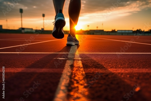 Runners feet in a athletic running track. Young man athlete training at sunset. AI generative