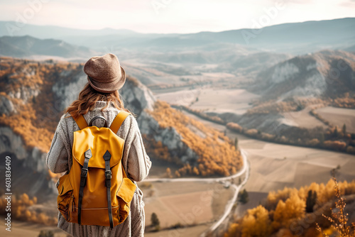 A woman with a backpack looks out over a valley. Generative AI.